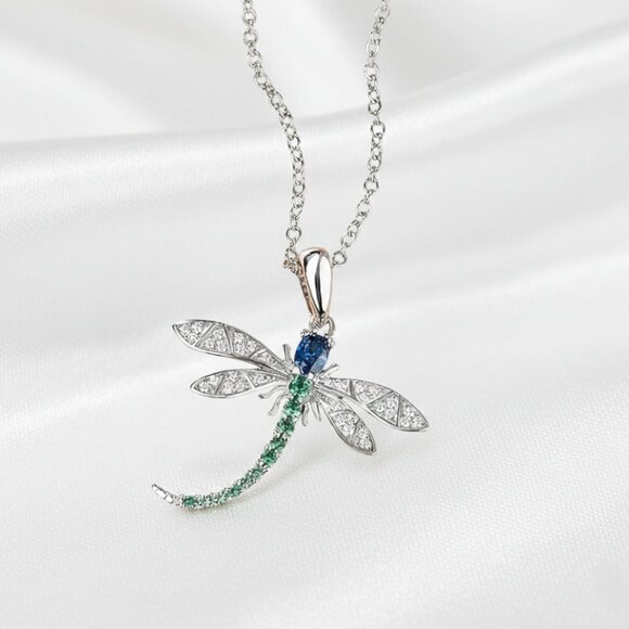 Dragonfly Insect Blue Green Clear CZ Silver Sparkly Fashion Pendant Necklace - Picture 2 of 8